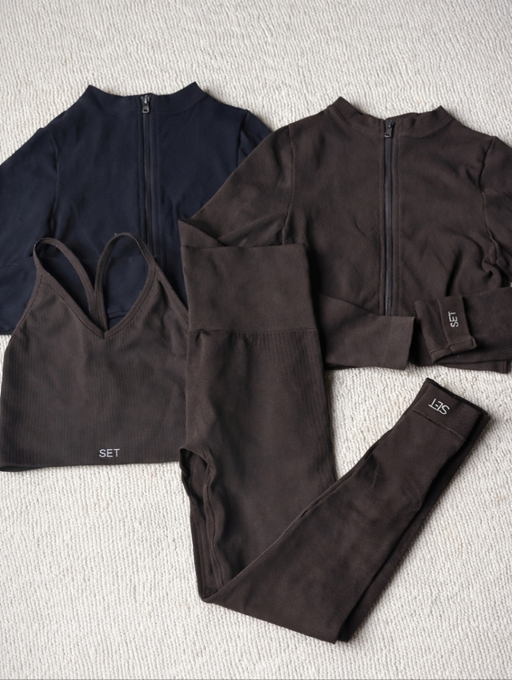 Set Active Ribbed Espresso Mocha Brown Black Long Sleeve Zip Sports Bra Leggings
